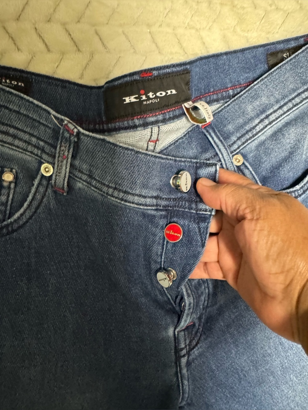 Kiton Denim Jeans in Medium Blue with Red Accents - Picture 2 of 16
